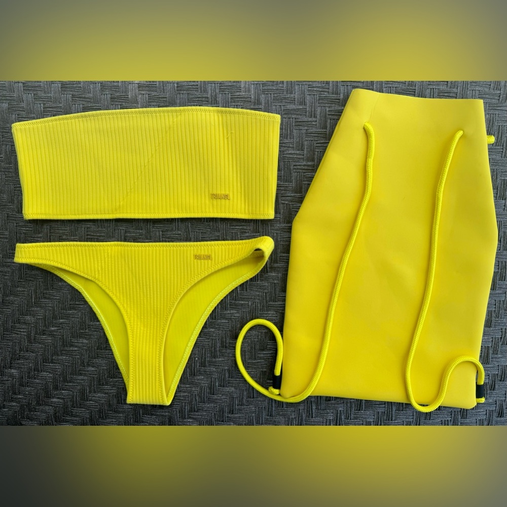 TRIANGL Swimwear 100% Neoprene swimsuit bikini, top, bottoms, and matching bag.